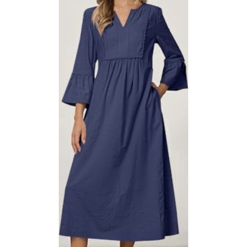 MEROKEETY Blue Solid V-Neck Ruffle Tie Belt Pocket Midi Dress Bell Sleeve XL